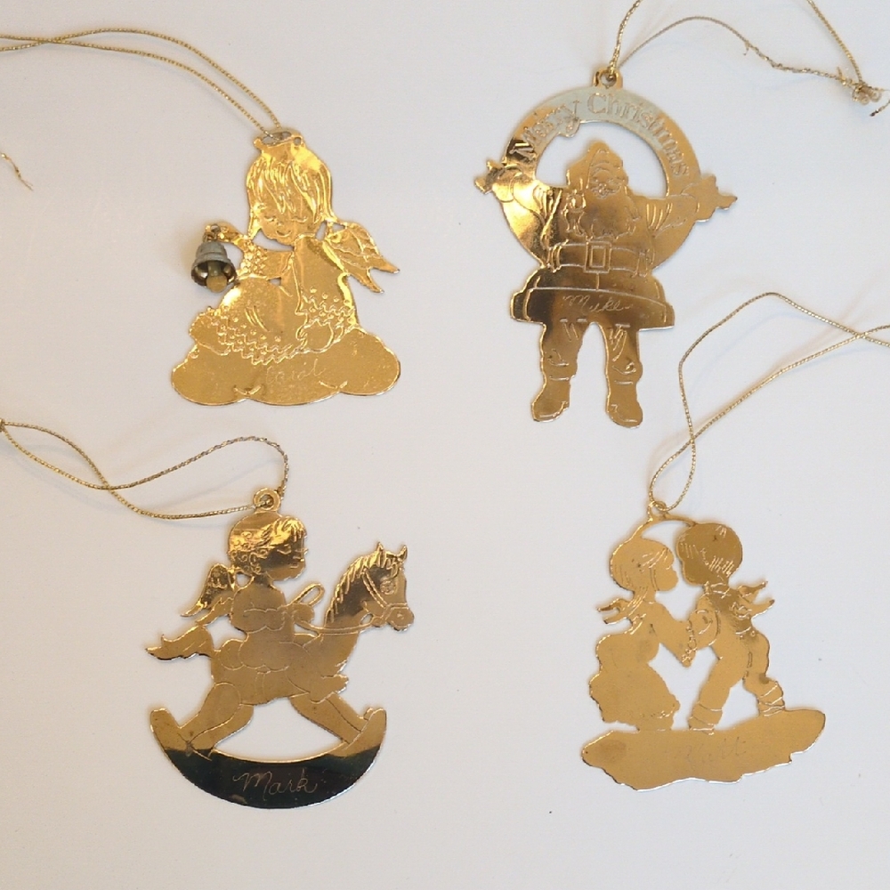 Vtg Flat Gold Metal Christmas Ornaments Set Vernon & Duchin Santa Horse Angels